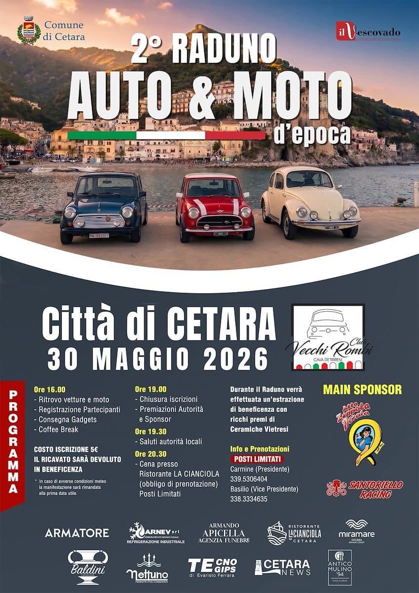 Event poster — 2° Raduno Auto & Moto d'Epoca, Cetara, May 30 2026