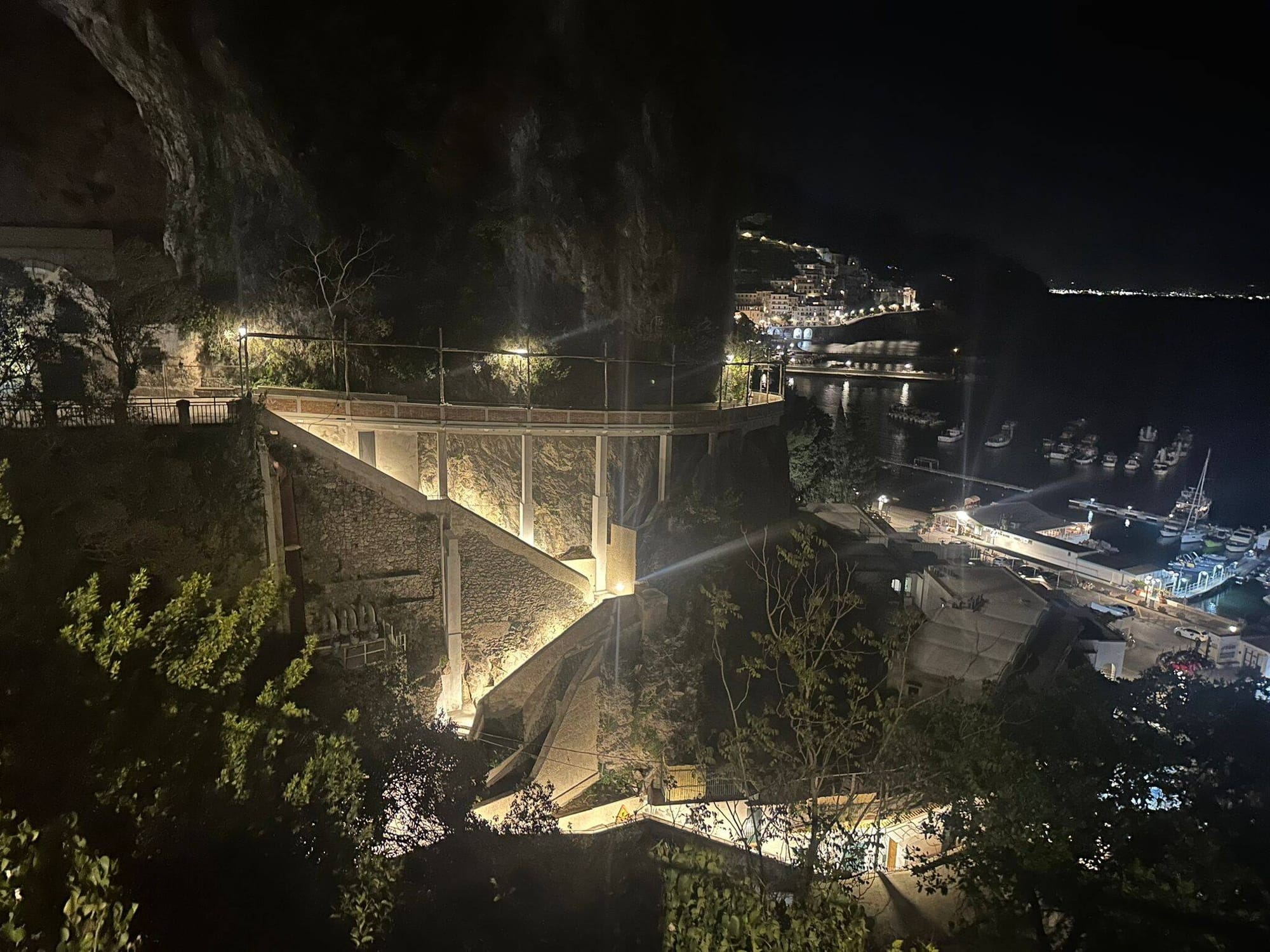The restored Scala Santa Caterina and Amalfi harbour at night