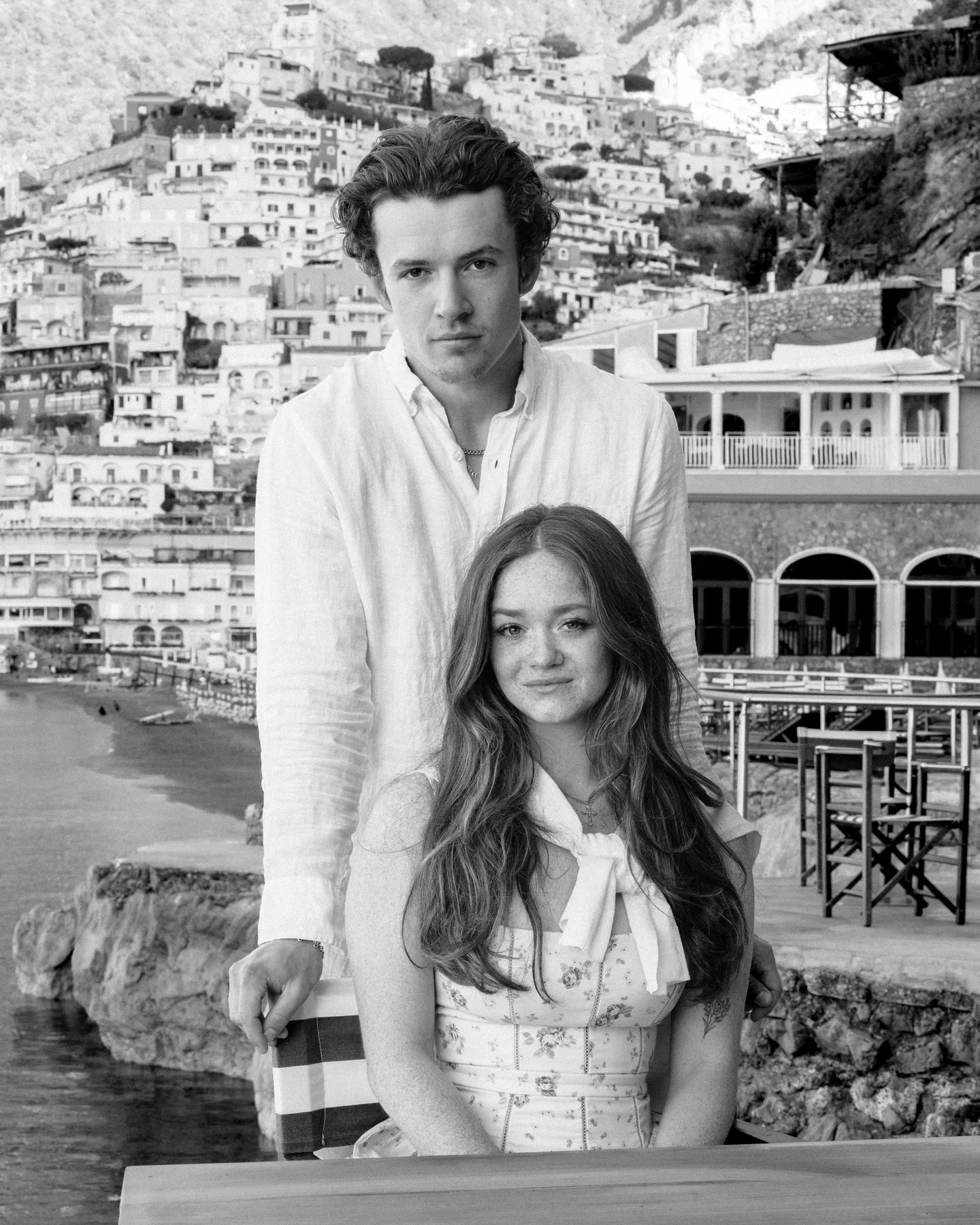 The couple together in a black-and-white portrait