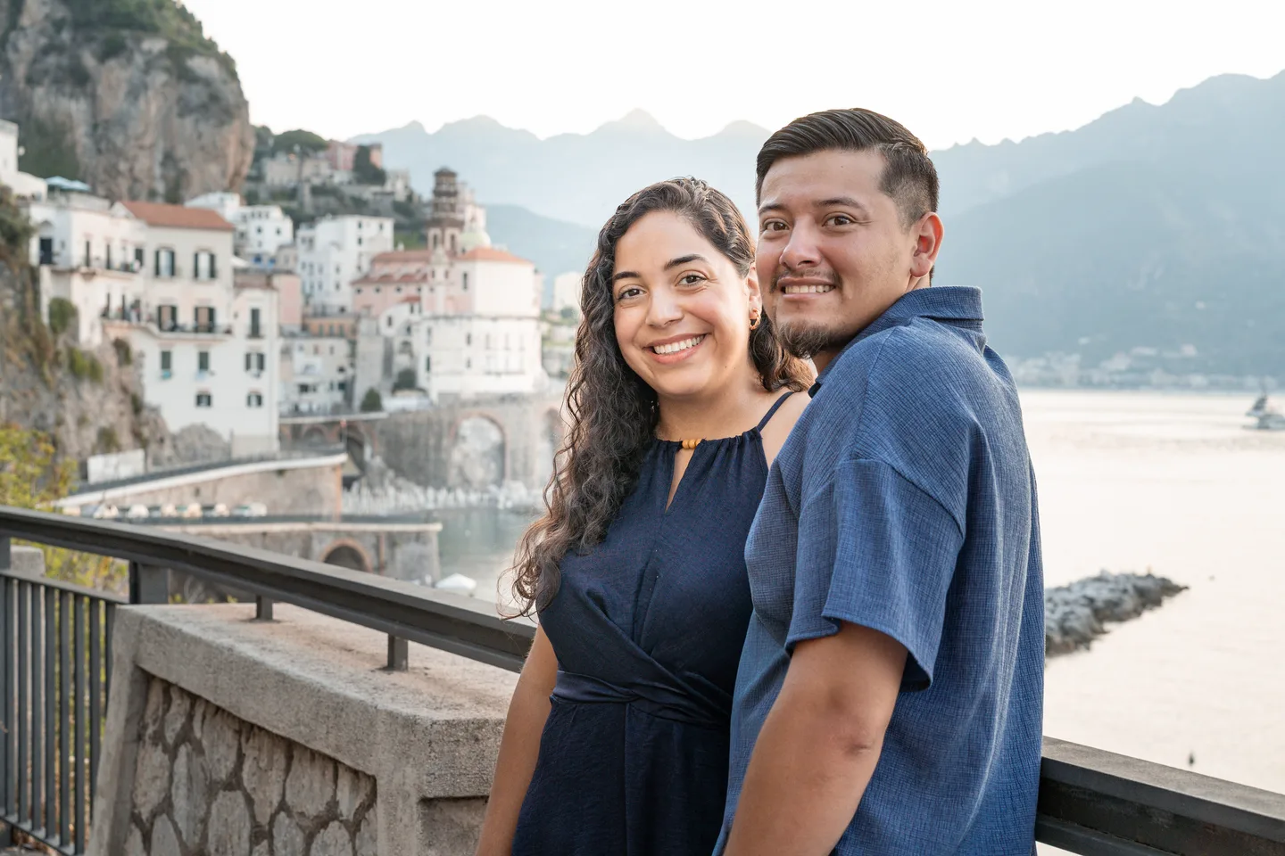 The couple turning towards the camera above Atrani