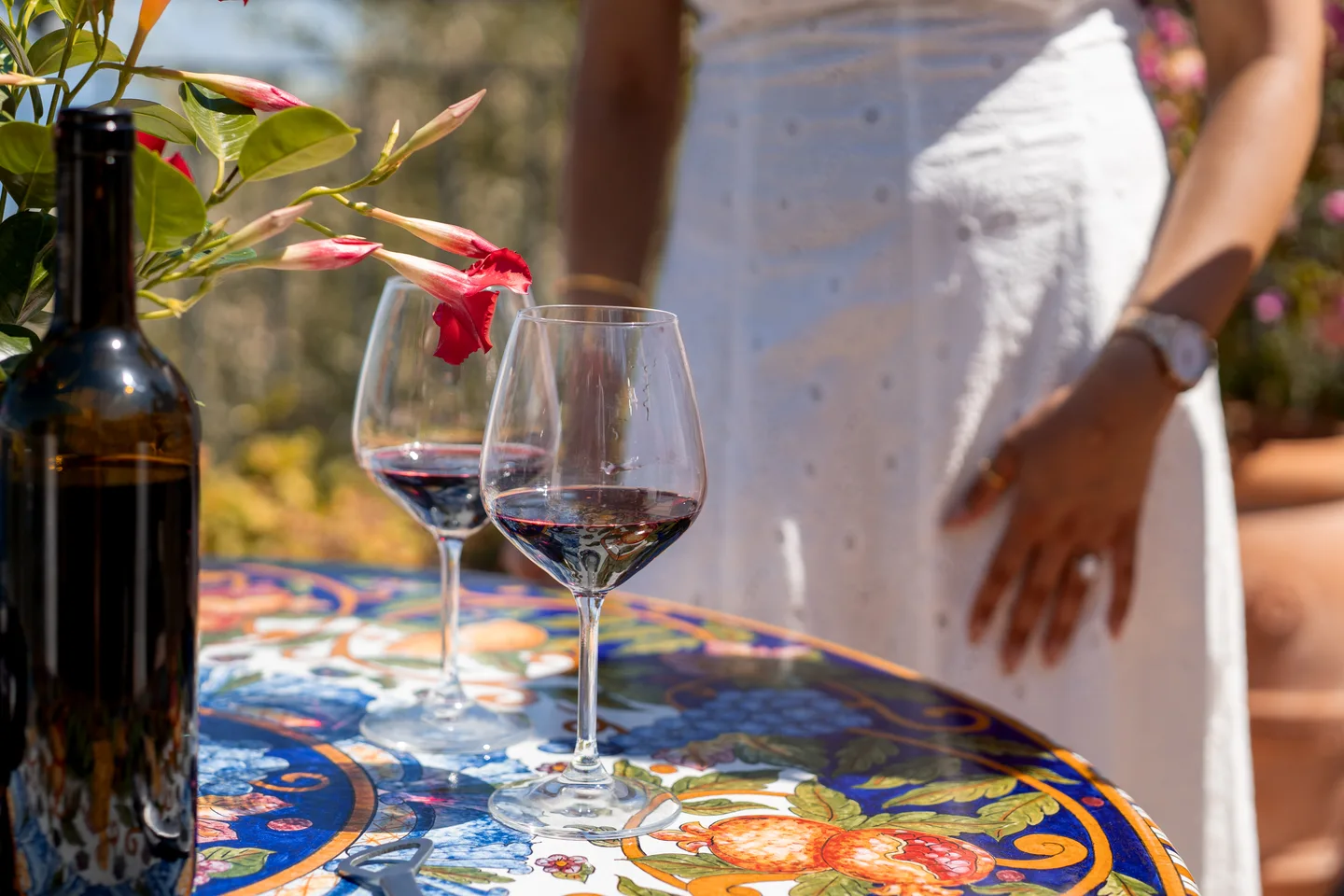Wine glasses on the painted ceramic table