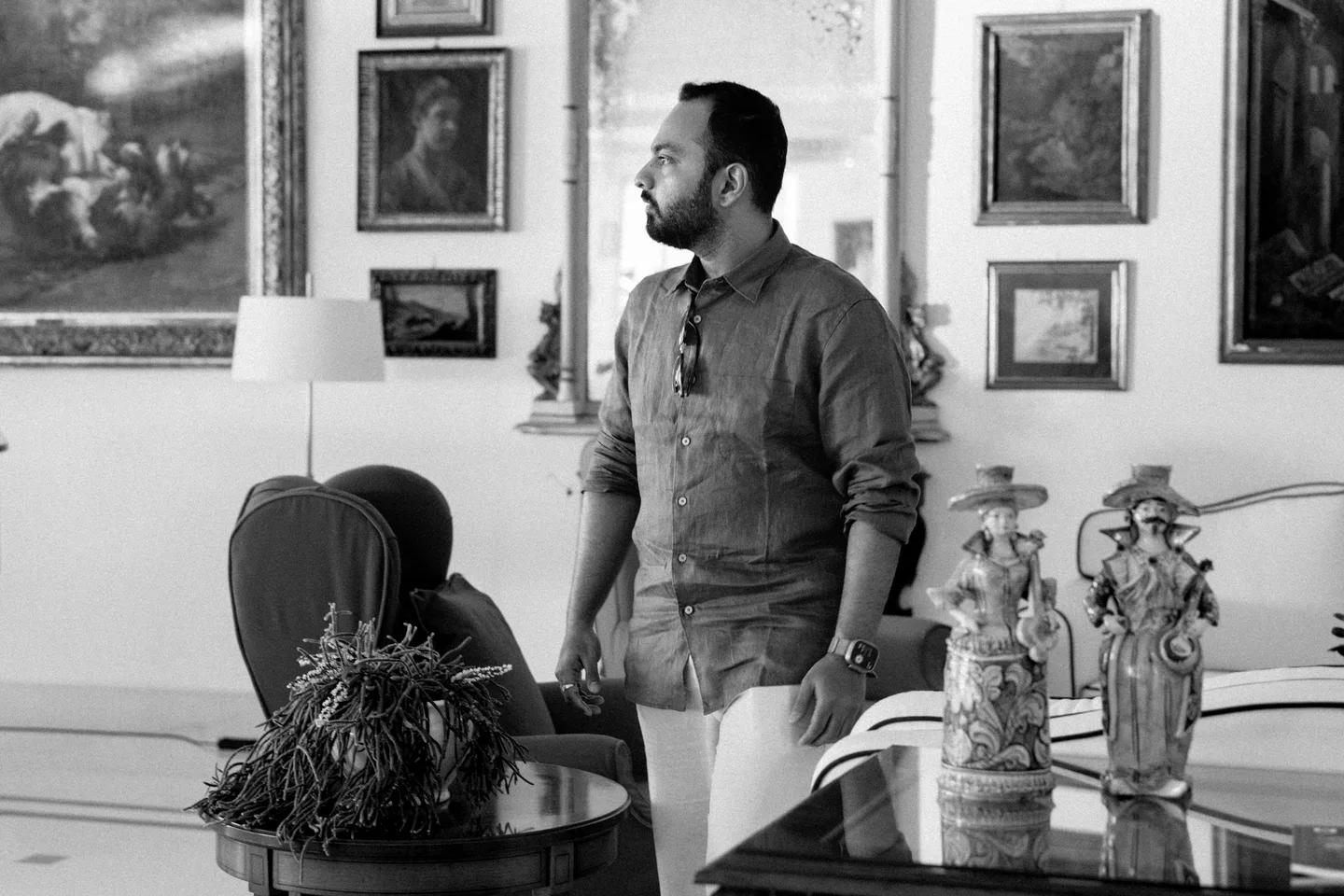 A black-and-white portrait among the hotel’s ceramics