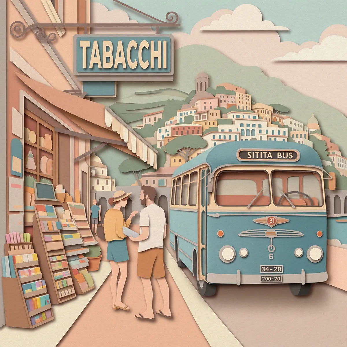 Travelers buying bus tickets at a Tabacchi shop on the Amalfi Coast